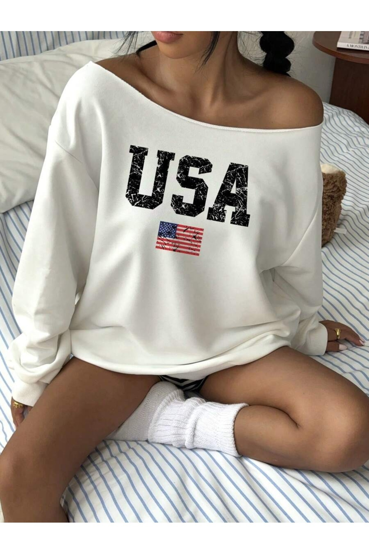 OVER HEAD Kadın Usa Bayrak Baskılı Kayık Yaka Oversize Sweatshirt görsel 6