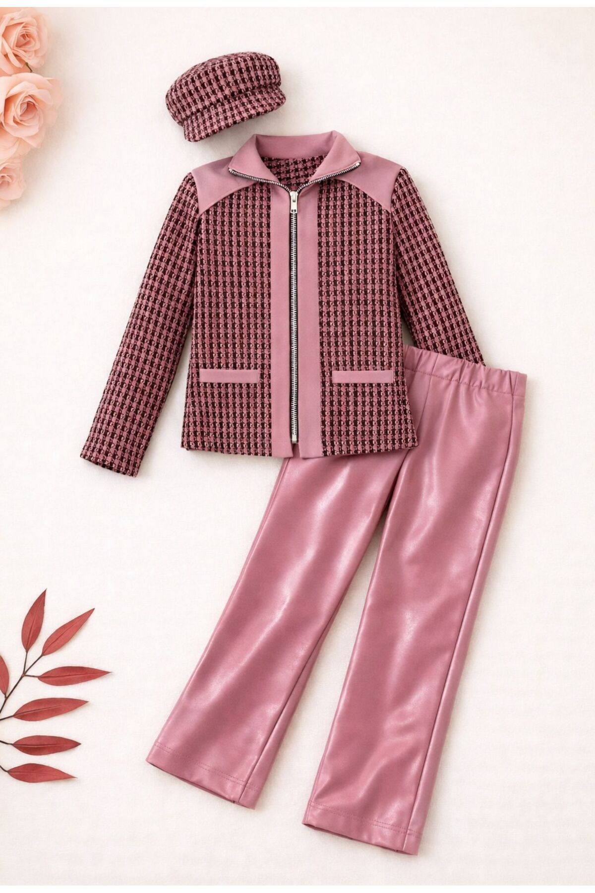 KOKOŞ BEBEK Şanel Kumaş Deri Detaylı Ceket & Deri Pantolon & Şapka | 3’lü Kombin | 3-12 Yaş - 314311 fotoğrafı 2 (önizleme)