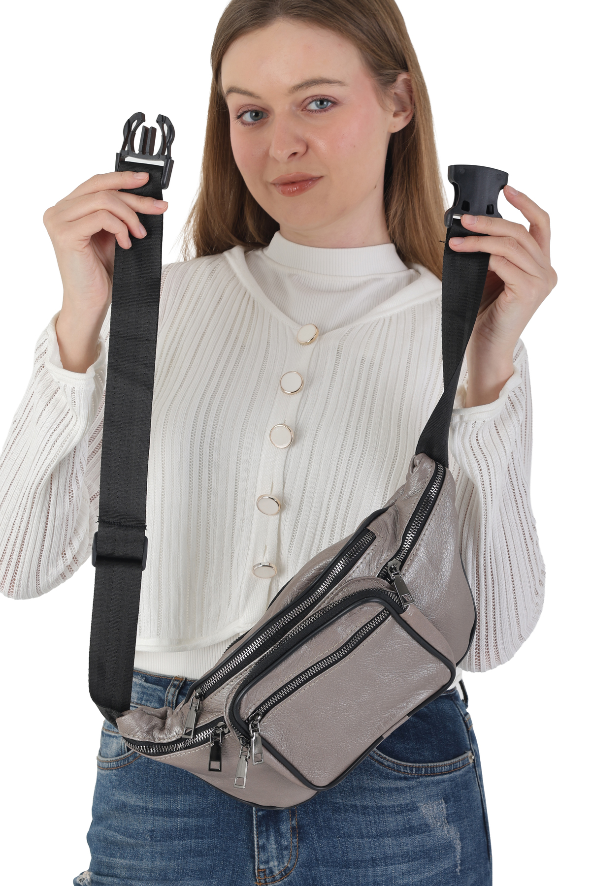 NahitaTyana Unisex Çok Cepli Hakiki Deri Freebag Bel Çantası Ve Omuz Çantası görsel 5