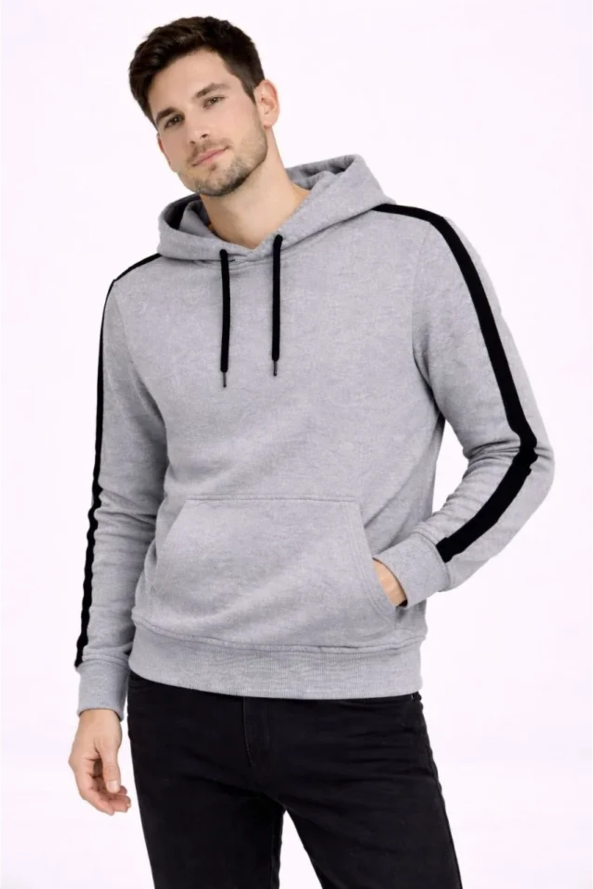Erkek Şeritli Kapüşonlu Sweatshirt Oversize 3 Iplik Pamuklu - Gri
