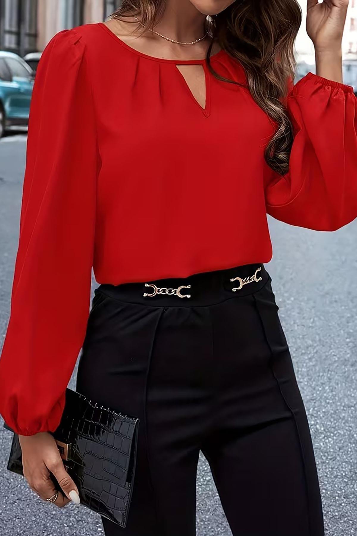 deafox  Kırmızı Dekolteli Yaka Balon Kol Krep Kumaş Bluz - Görsel 4