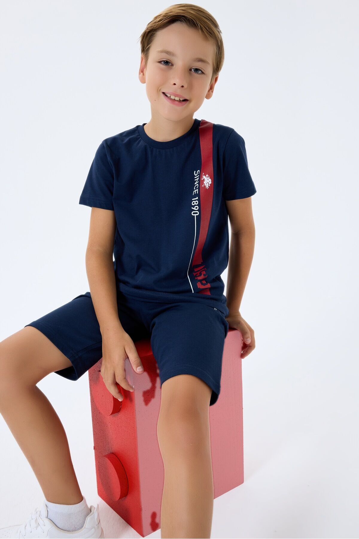 U.S. Polo Assn. Boy's Crew Neck Embroidered Summer Regular Fit Navy Blue Bermuda Suit Us2400-C-V1