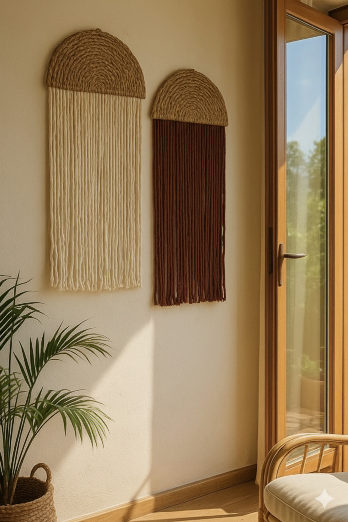 Double Bamboo Macrame Wall Decoration Handmade Bohemian Style,Gift (35 x 75 CM ) Ecru-Brown
