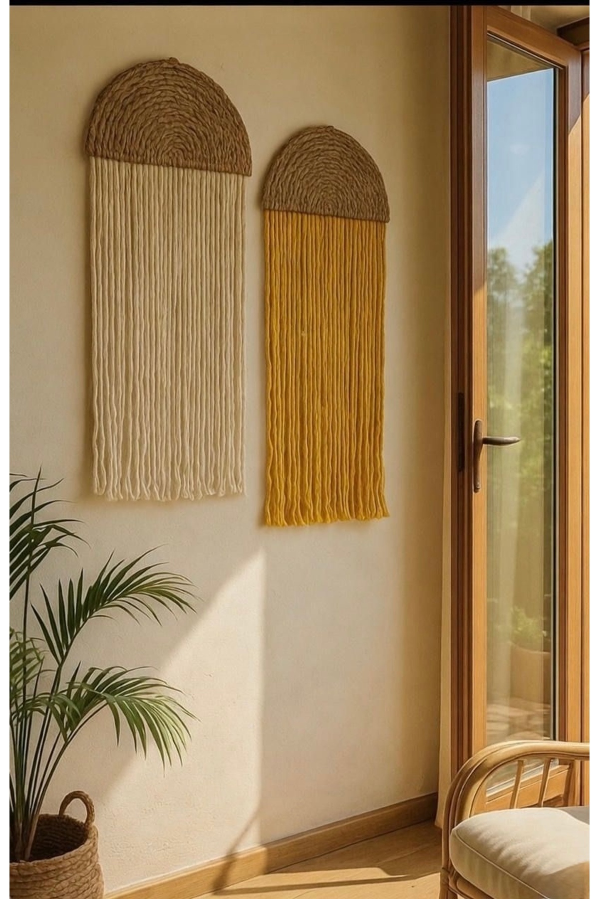 Double Bamboo Macrame Wall Decoration Handmade Bohemian Style,Gift (35 x 75 cm )Ecru-Mustard yellow