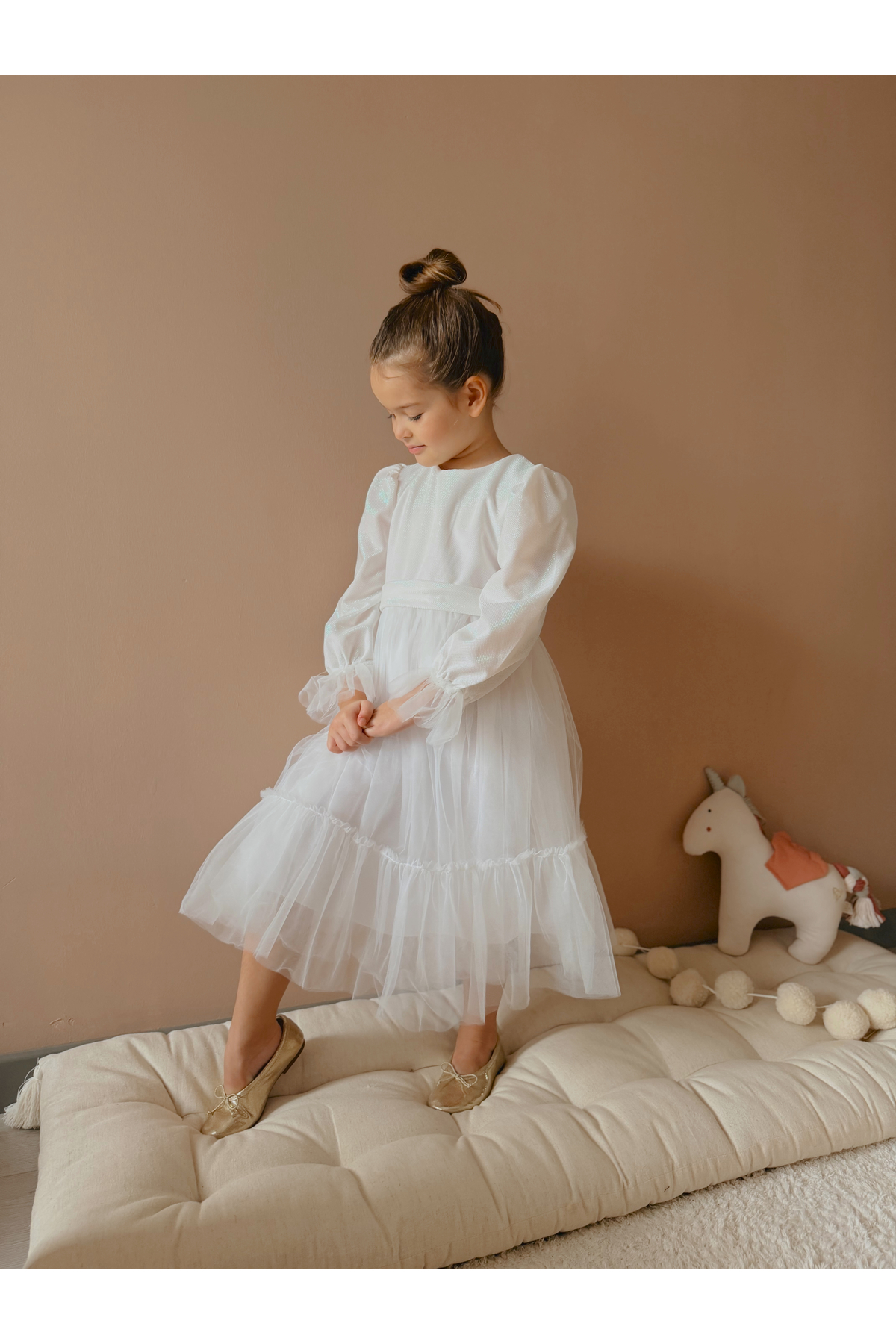 penu baby kids Beyaz Eteği Tül Fırfırlı Kemerli Kol Ucu Tül Detaylı Uzun Kol Kız Çocuk Kız Bebek Elbise fotoğrafı 3 (önizleme)