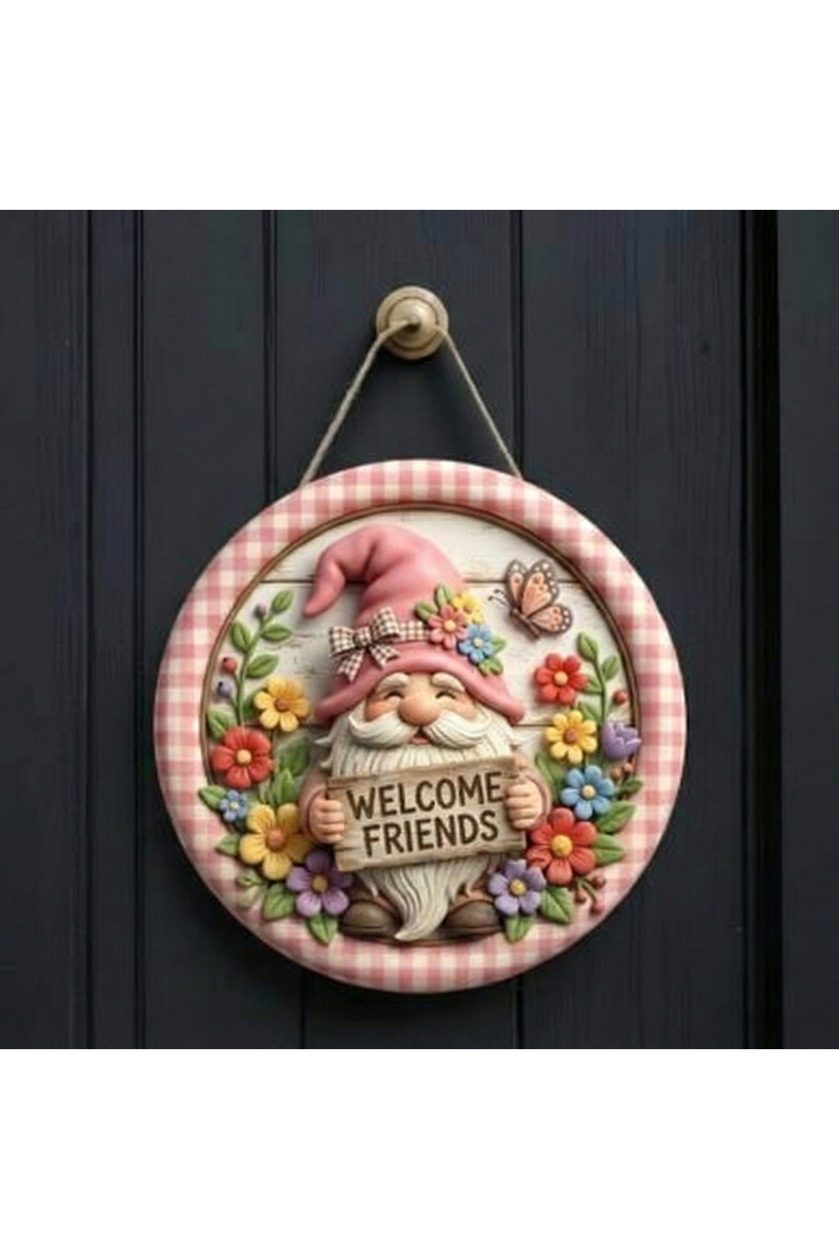 Çiçekli "Welcome Friends" Pembe Pötikare Çerçeveli Rustik Duvar ve Kapı Süsü 3