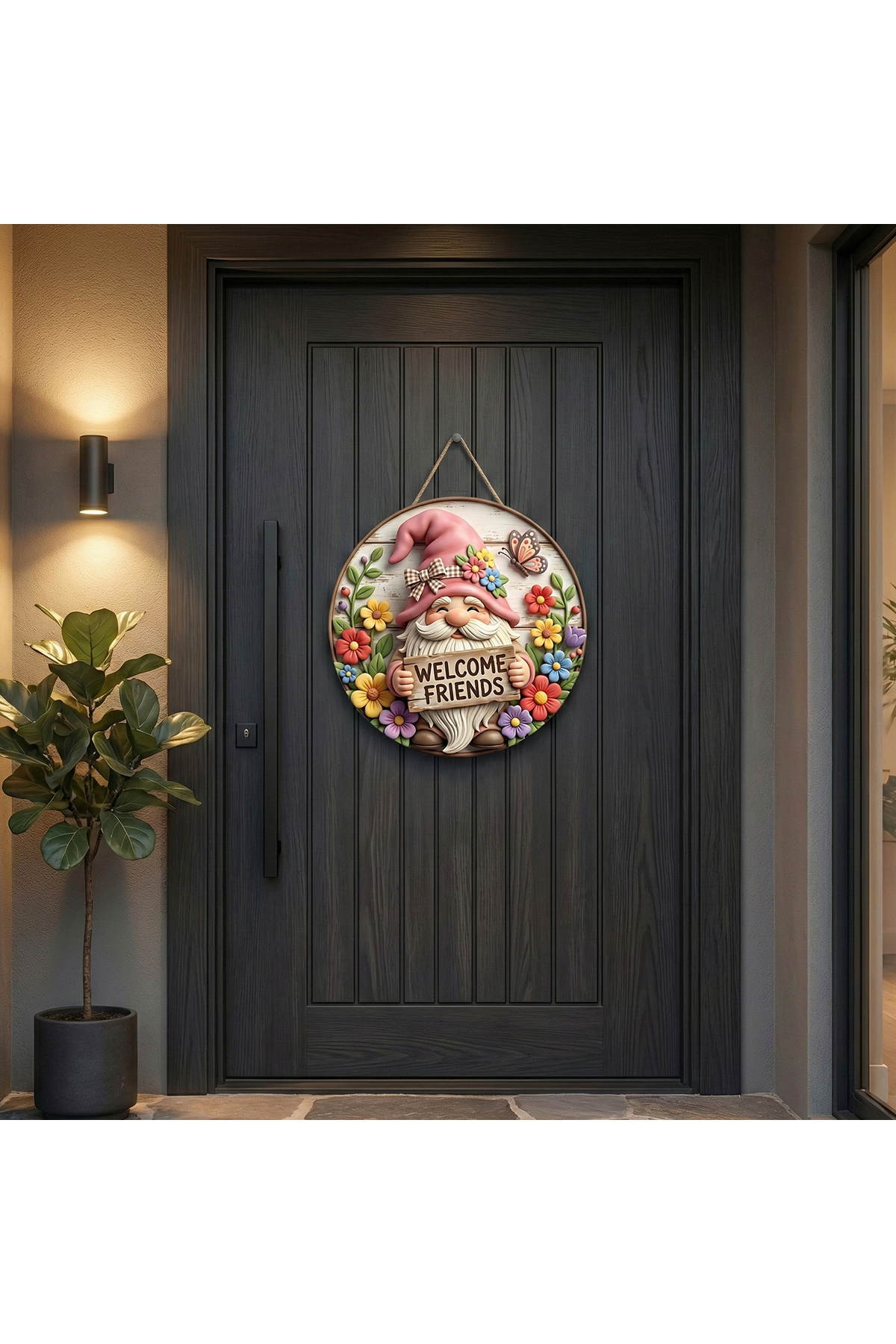 Çiçekli "Welcome Friends" Pembe Pötikare Çerçeveli Rustik Duvar ve Kapı Süsü 2