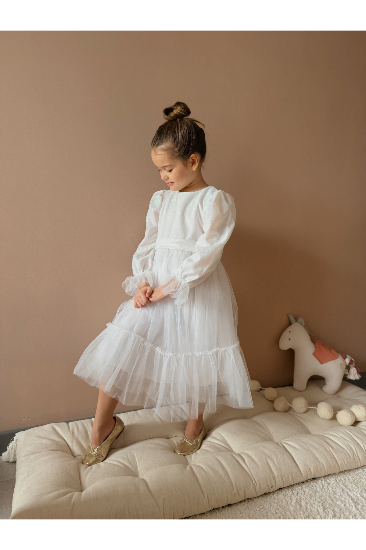 penu baby kids Beyaz Eteği Tül Fırfırlı Kemerli Kol Ucu Tül Detaylı Uzun Kol Kız Çocuk Kız Bebek Elbise fotoğrafı 6 (önizleme)