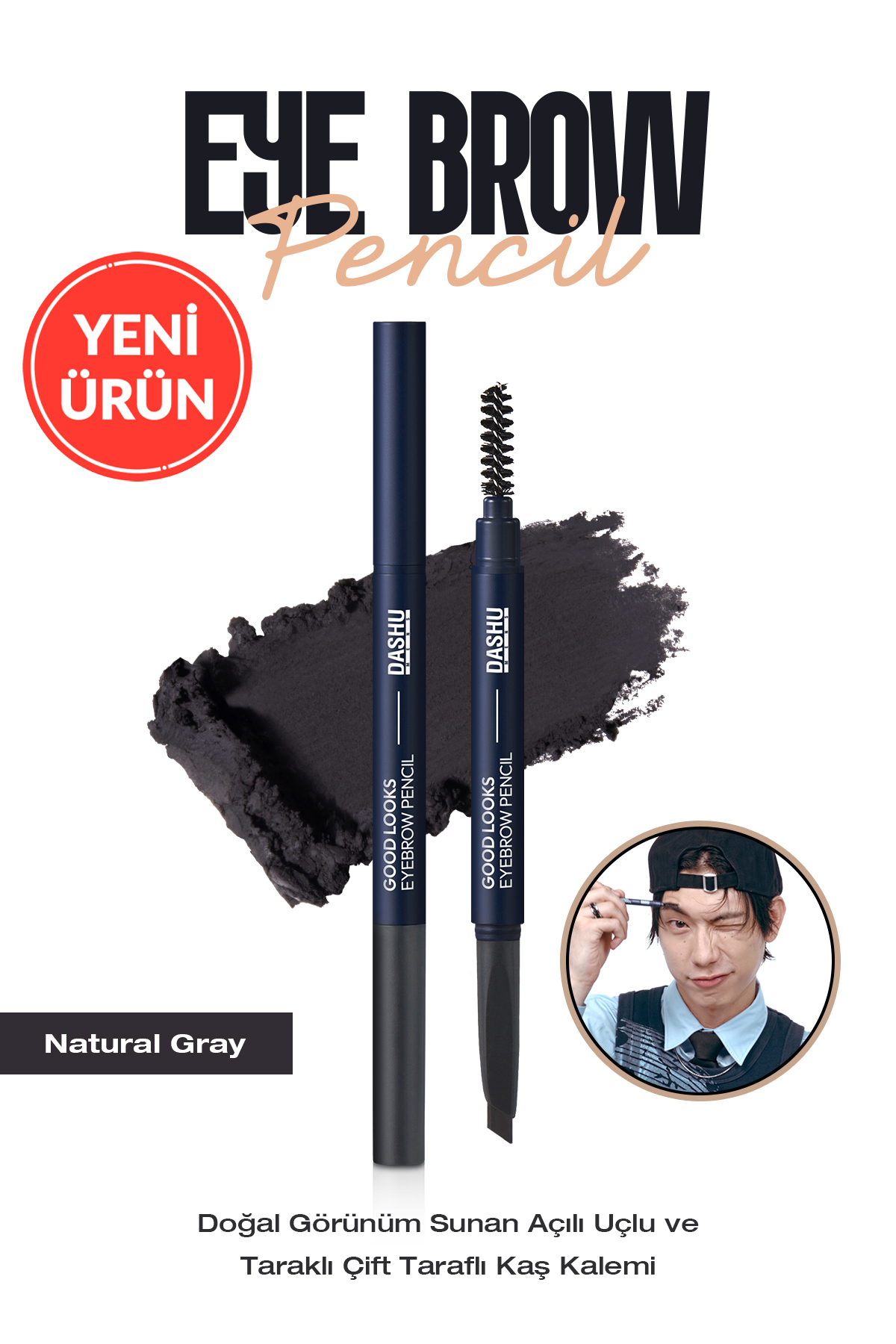 Doğal Görünümlü, Açılı Uçlu ve Taraklı Çift Taraflı Kaş Kalemi Mens Good Looks Eyebrow [Gray] — خاکستری 111662