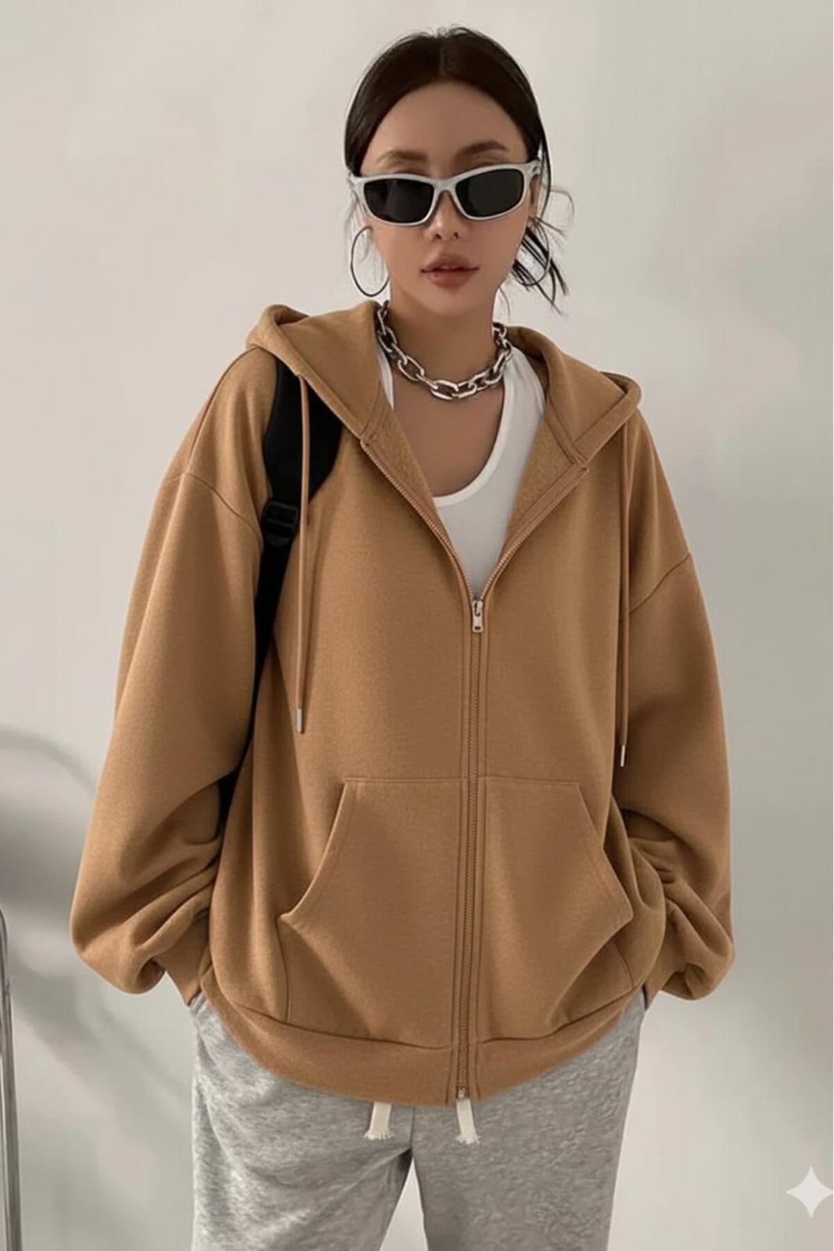 CAST COLLECTİON Kadın Camel Fermuarlı Kapşonlu Hırka Ceket görsel 2
