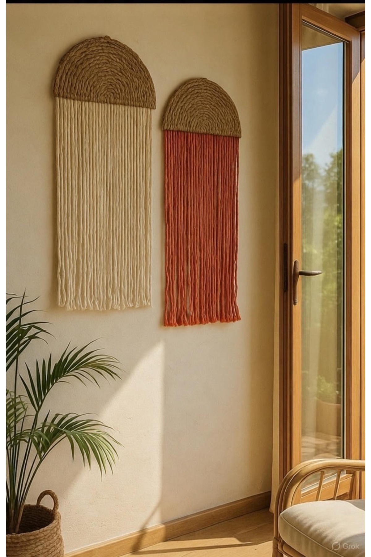 Double Bamboo Macrame Wall Decoration Handmade Bohemian Style,Gift (35 x 75 cm ) Ecru-Tile