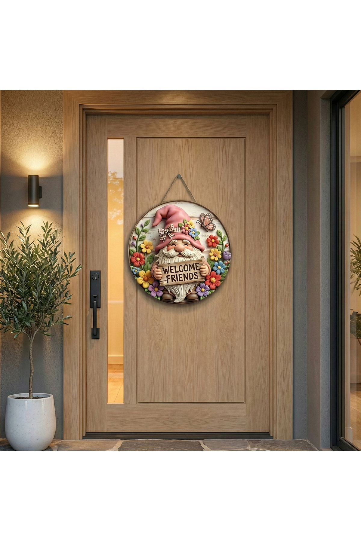 Çiçekli "Welcome Friends" Pembe Pötikare Çerçeveli Rustik Duvar ve Kapı Süsü 5
