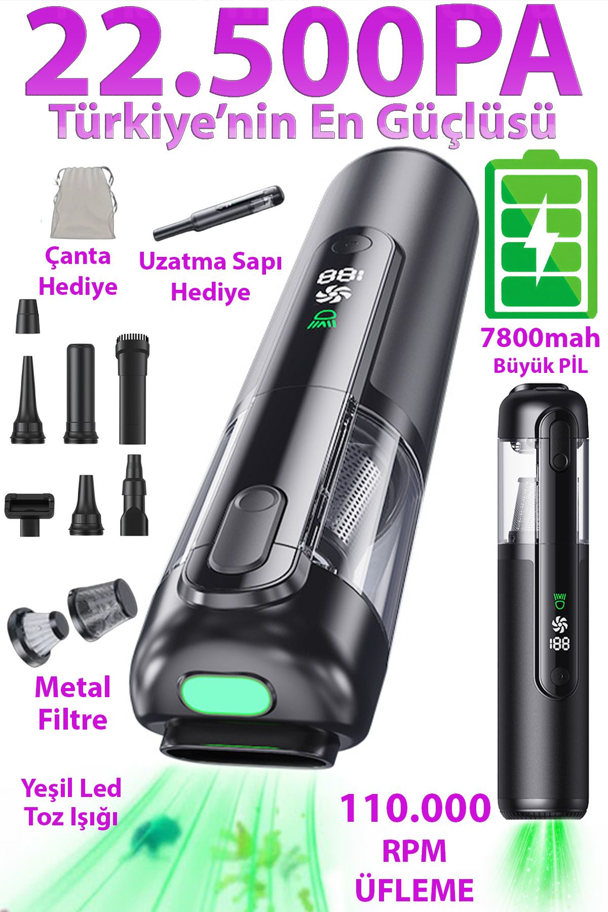 Dybox 22500Pa 7800mAh Pil 120W Güçlü Green Toz Işıklı Portatif
