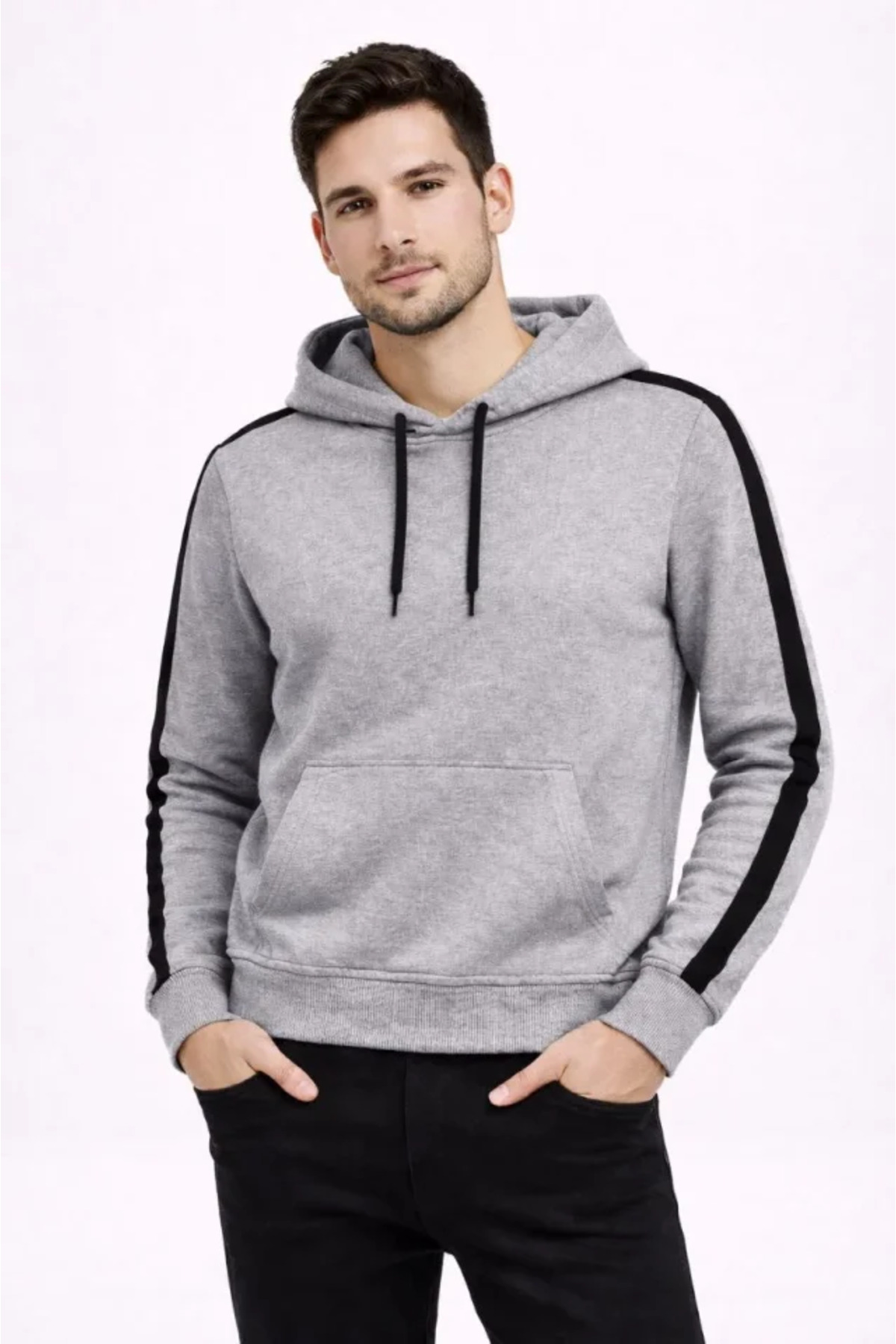 Erkek Şeritli Kapüşonlu Sweatshirt Oversize 3 Iplik Pamuklu - Gri