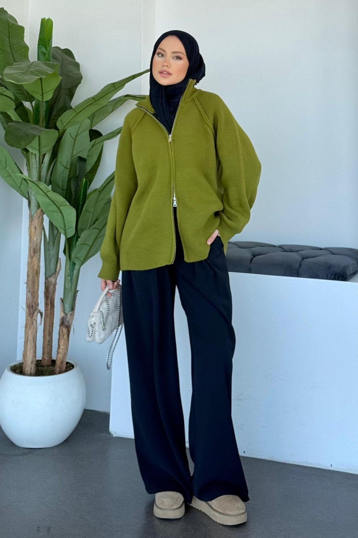 Hazamoda  Roma Fermuarlı Hırka Yağ Yeşili - Görsel 4