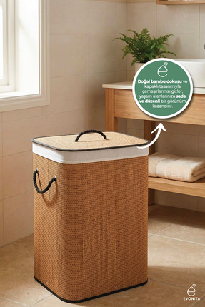EVONİTA Kapaklı Bambu Kirli Çamaşır Sepeti Çıkarılabilir Yıkanabilir Astarlı ...