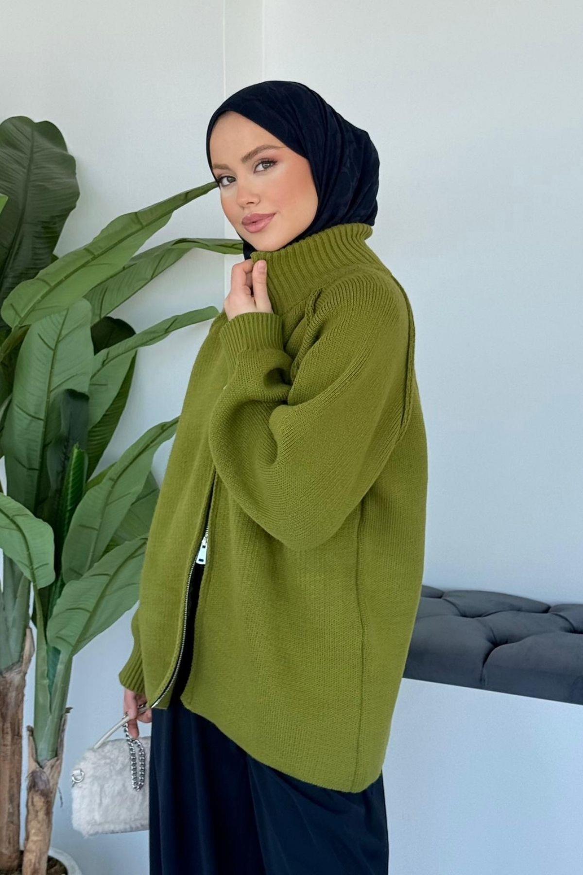 Hazamoda  Roma Fermuarlı Hırka Yağ Yeşili - Görsel 3