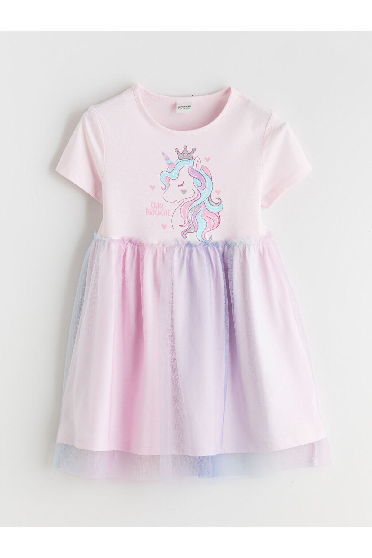 LC Waikiki LCW Kids Pembe Bisiklet Yaka Baskılı Kız Çocuk Prenses Elbisesi