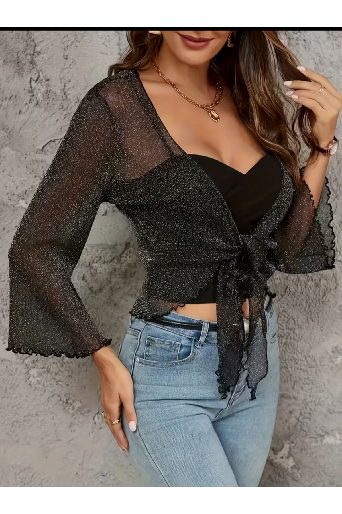 Tura Butik  Simli İspanyol kol bağlamalı tül bolero - Görsel 2