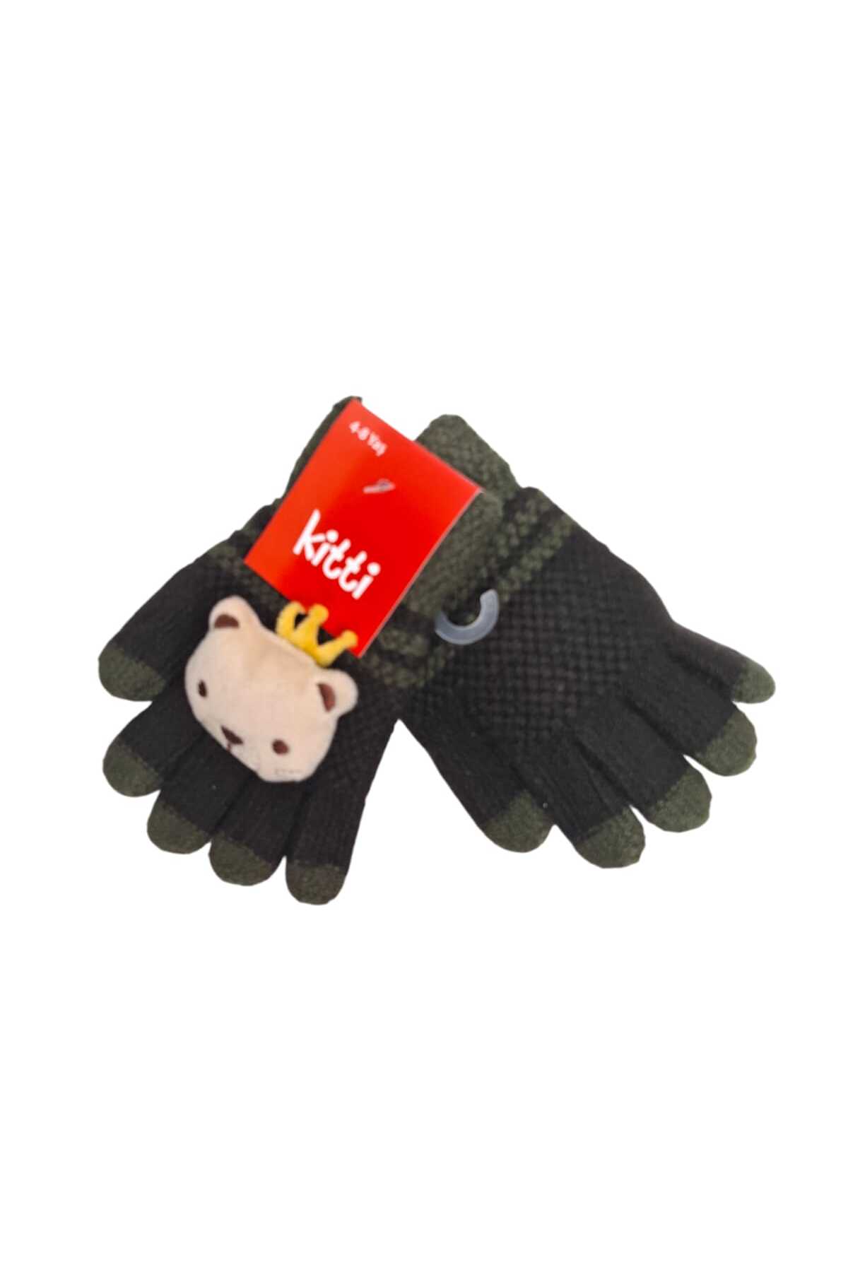 Kitti Spteks 4-8 Yaş Erkek Çocuk Haki Renk Ayıcık Figürlü Kışlık Örme Eldiven fotoğrafı 2 (önizleme)