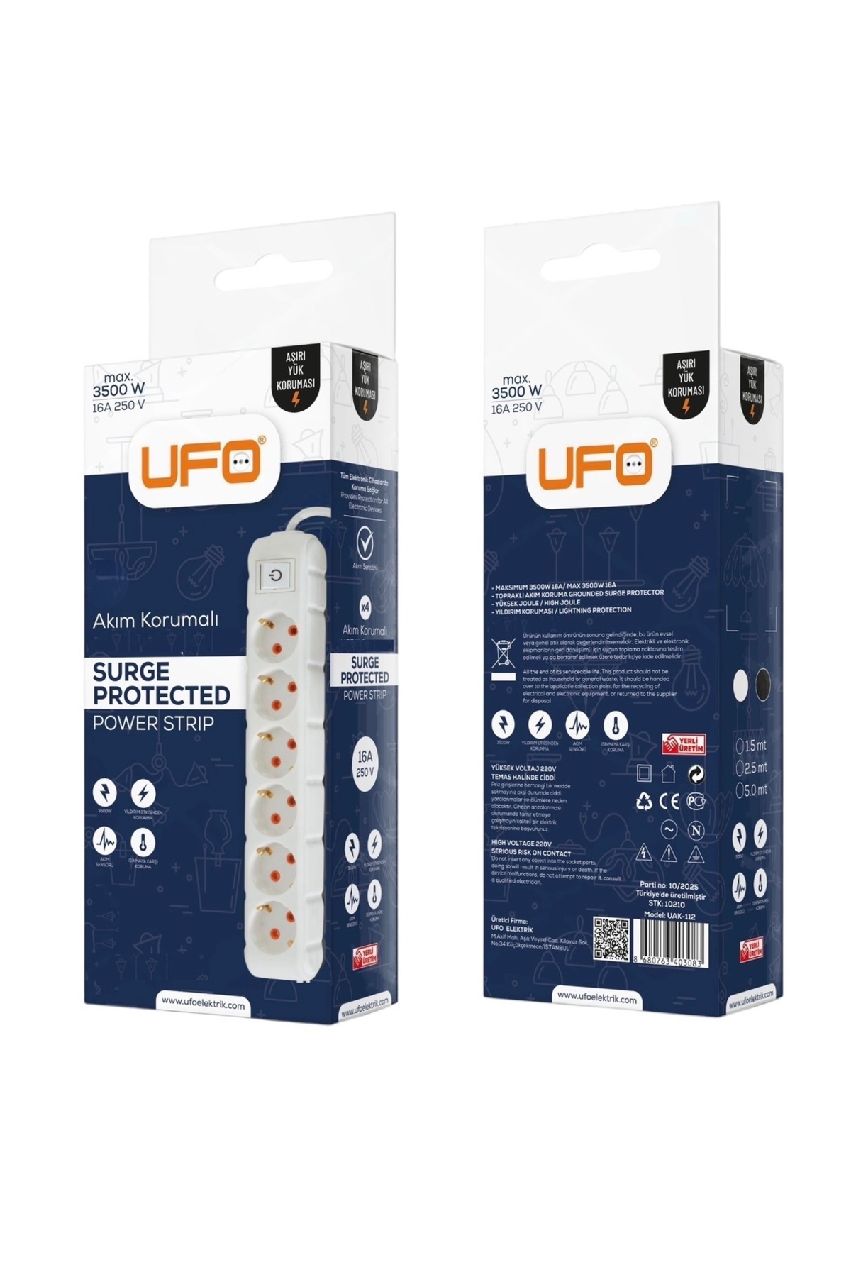 UFO Akım Korumalı 3 mt Kablolu Grup Priz Max 3500W 16 Amper Aşırı