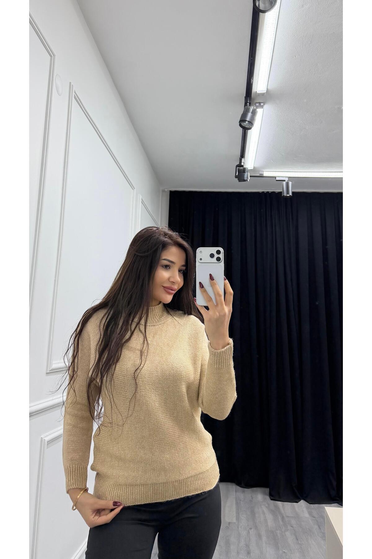 Daves  Kahve Dik Yaka Loose Fit Triko Kazak - Görsel 4