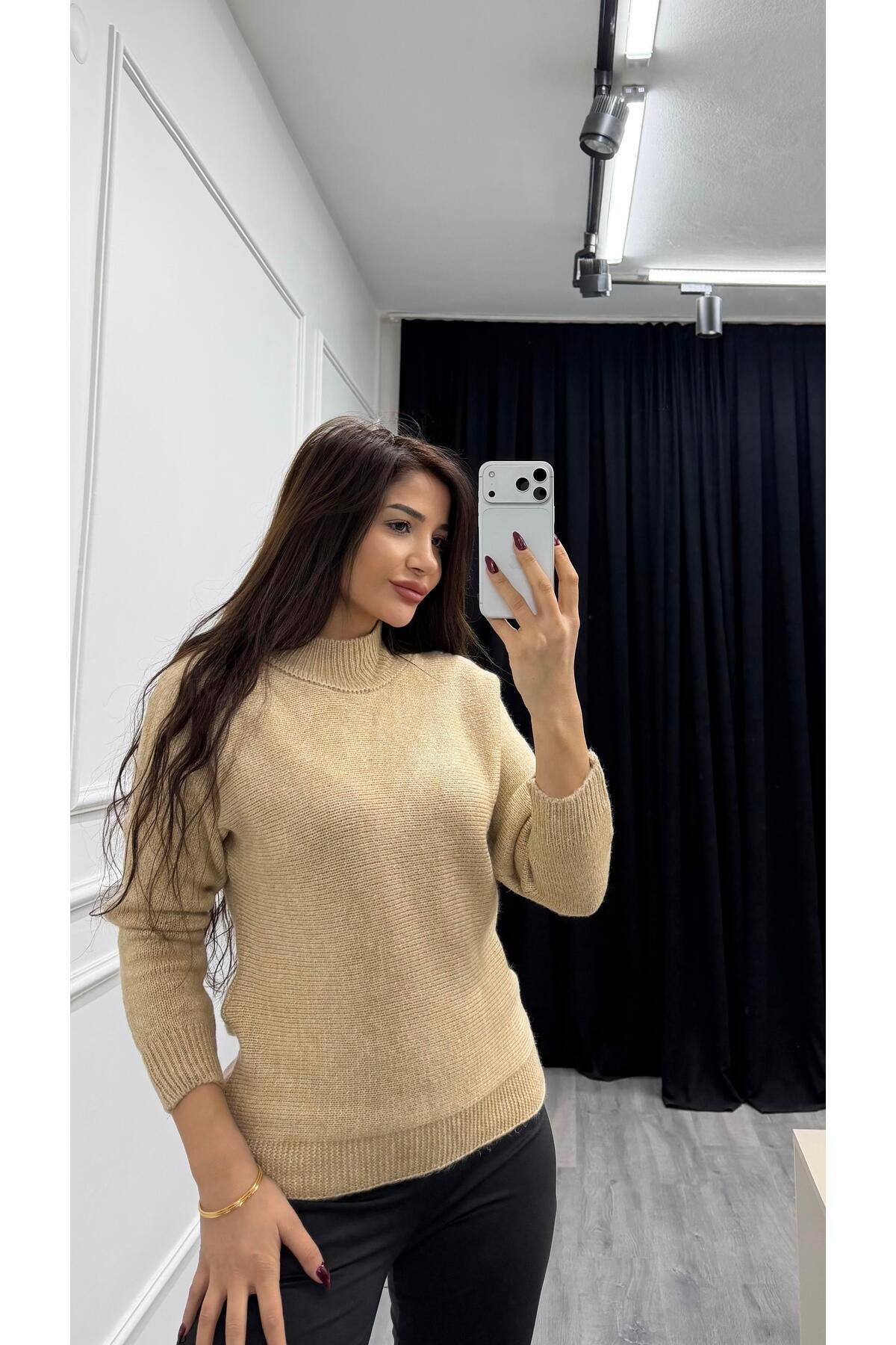 Daves  Kahve Dik Yaka Loose Fit Triko Kazak - Görsel 3