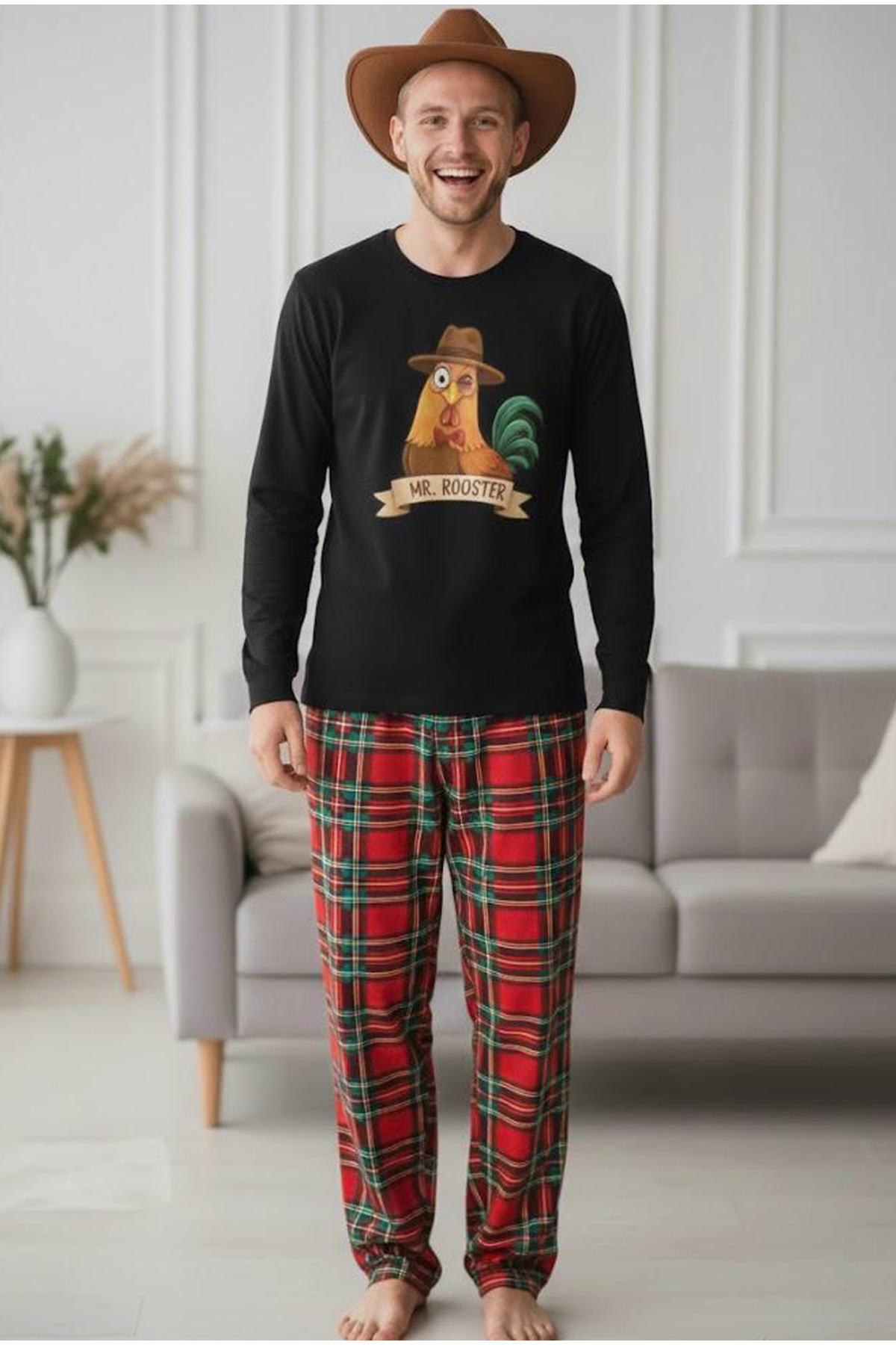 Siyah İnci ERKEK siyah kırmızı ekose Eğlenceli Horoz Baskılı Örme Pijama Takım 7969 görsel 2