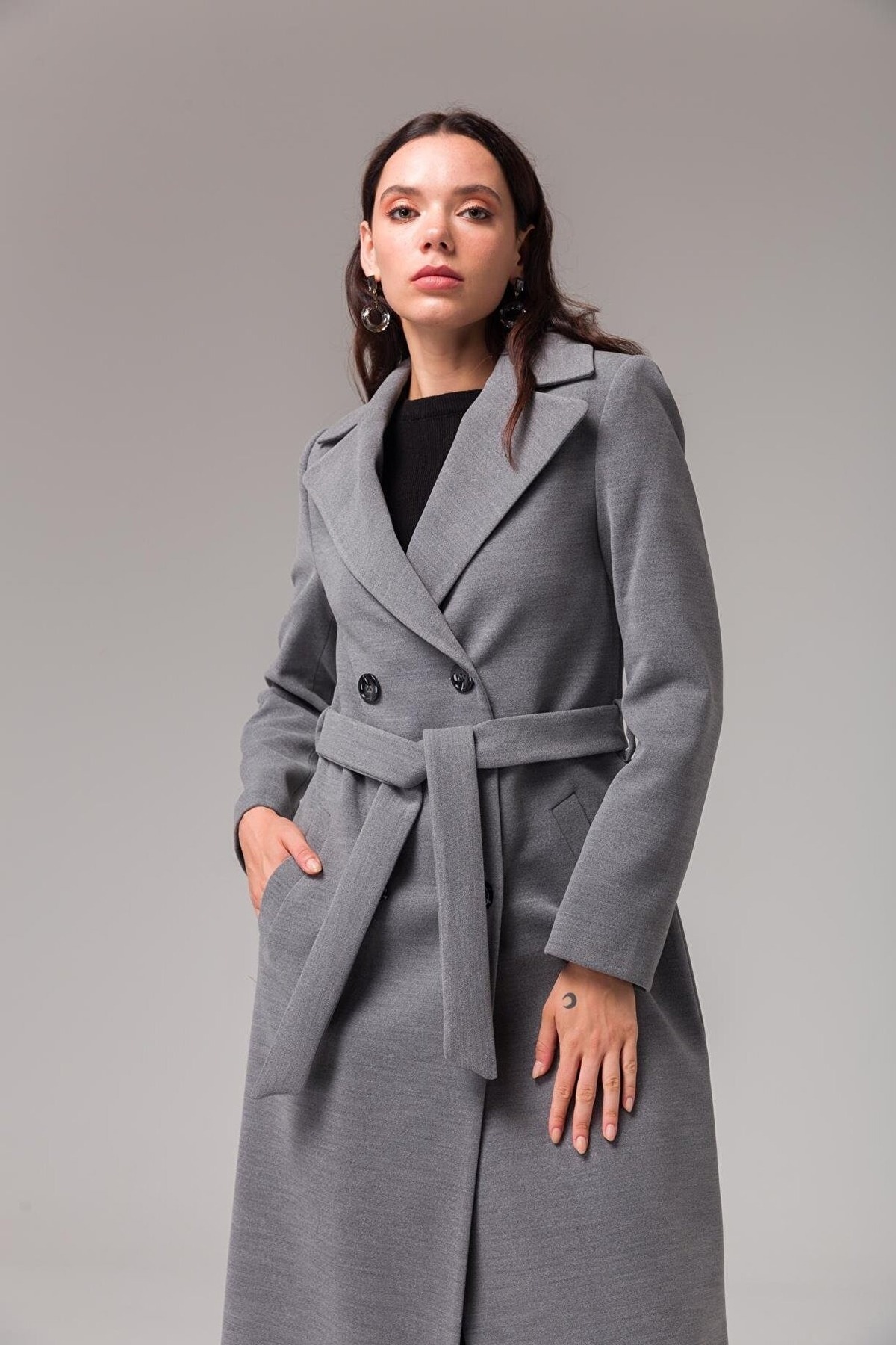 Paragon  Kruvaze Belden Bağlamalı Gri Kaşe Kaban 120cm Boy Regular Fit - Görsel 4