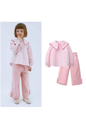 connemara Kız Çocuk Pembe İkili Takım – Yaka Detaylı Gömlek & Bağcıklı Pantolon