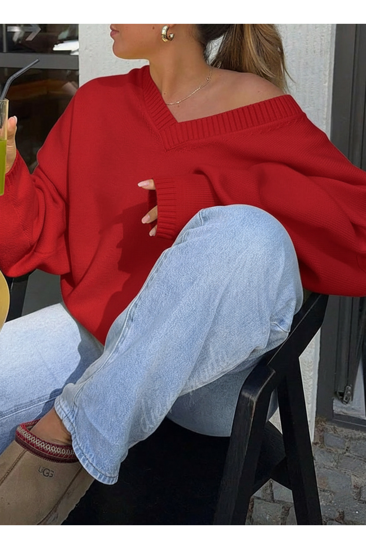 Dier Moda Жіночий червоний светр з V-подібним вирізом Oversize, светр Fmoda1970