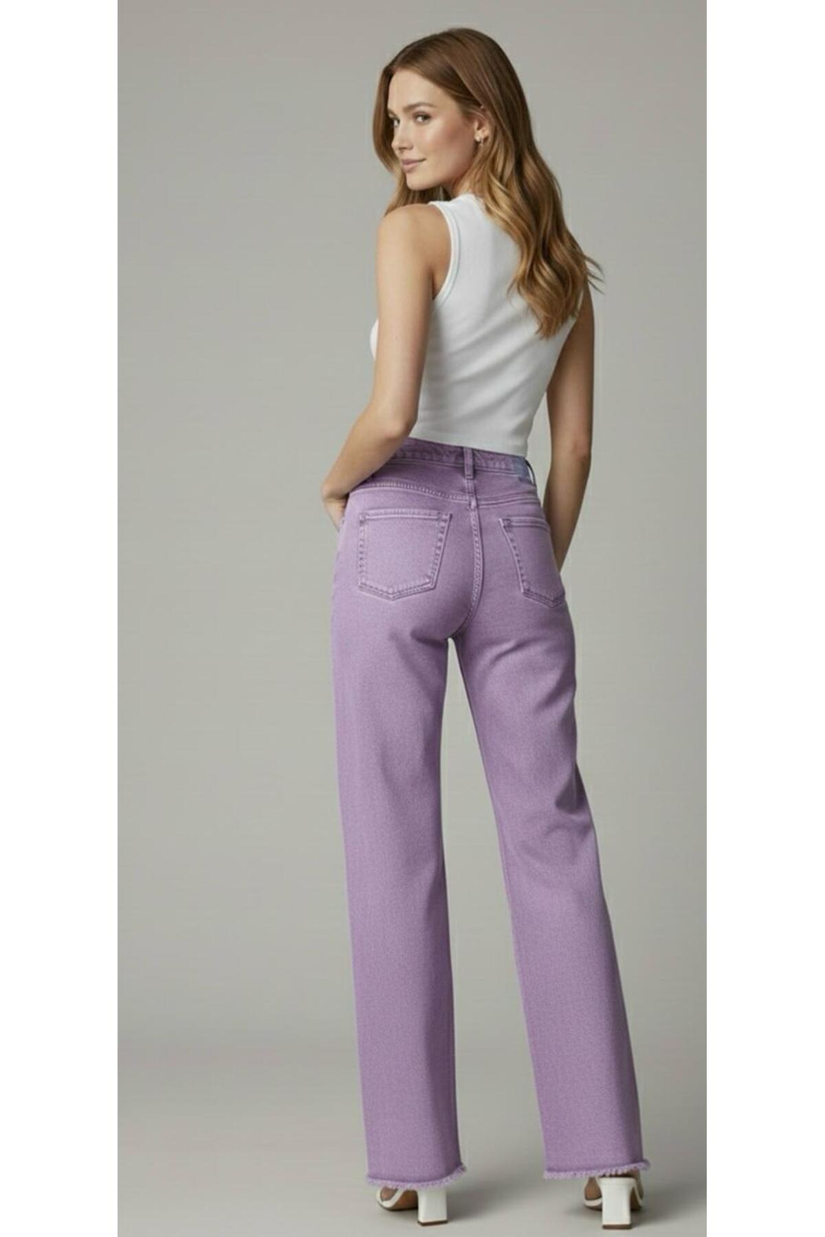 Genel Markalar  Straight Kalıp Pembe Paçası Püsküllü Kadın Denim Pantolon - Görsel 2