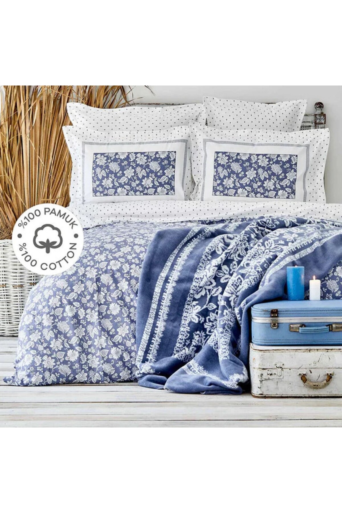 Karaca Celerina Bettwäsche-Set aus 100 % türkischer Baumwolle, Doppelbett, Blau