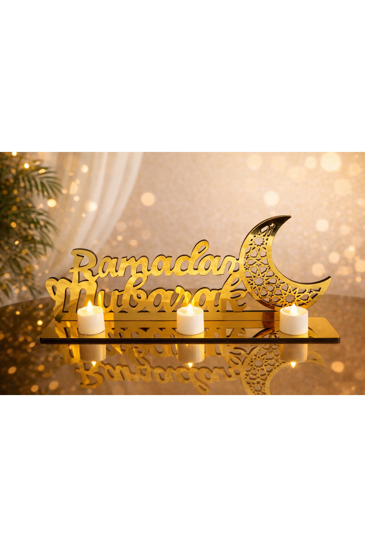 Modern shop Gold acrylic decorative stand with a crescent moon and Ramadan Mu...