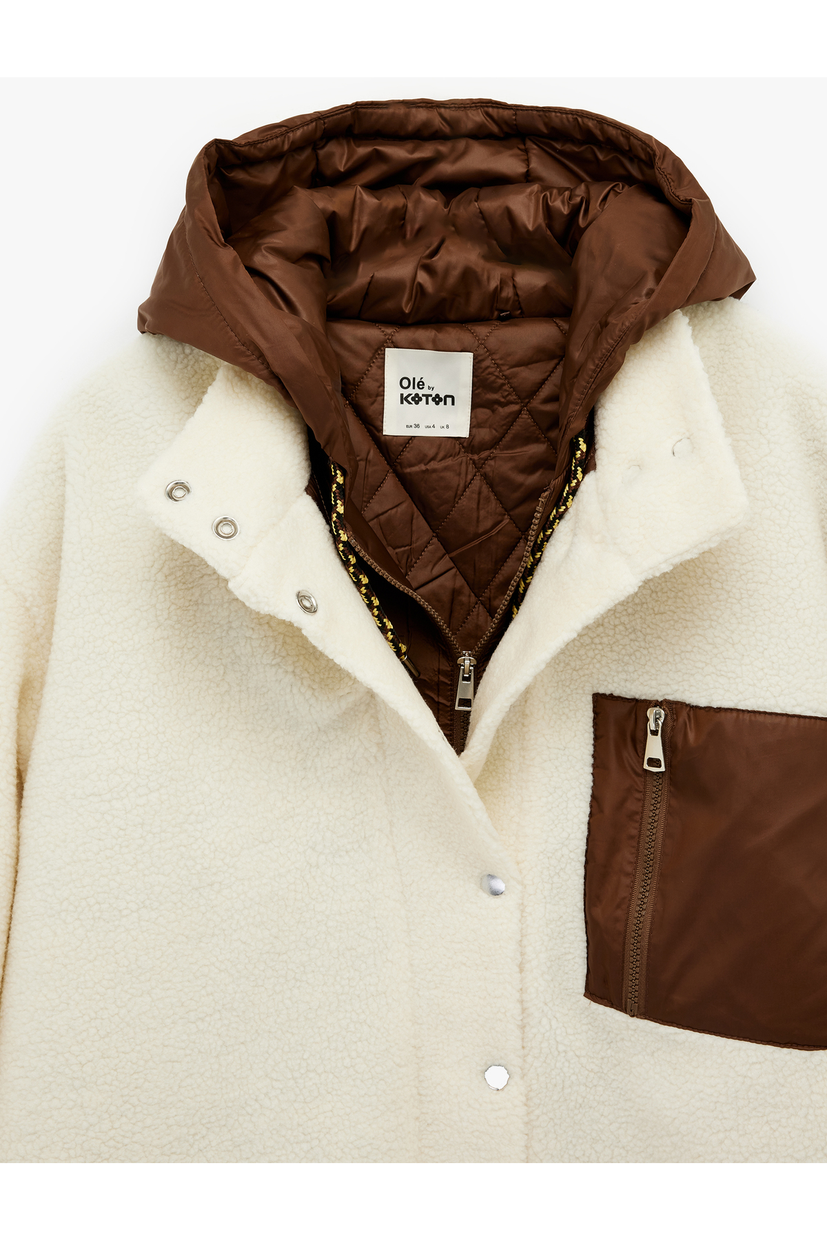Koton Kapüşonlu Çıtçıt Düğmeli Cep Detaylı Kapitoneli Peluş Oversize Ceket görsel 5