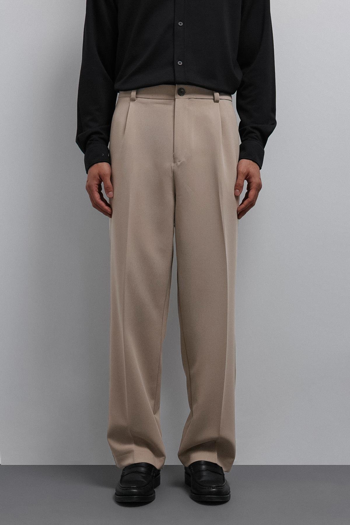 Taş Relax Fit Baggy Pilili Erkek Pantolon — کرم A25Y2827 — تصویر 2 از 4