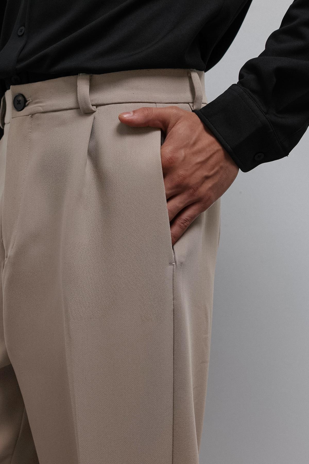 Taş Relax Fit Baggy Pilili Erkek Pantolon — کرم A25Y2827 — تصویر 3 از 4