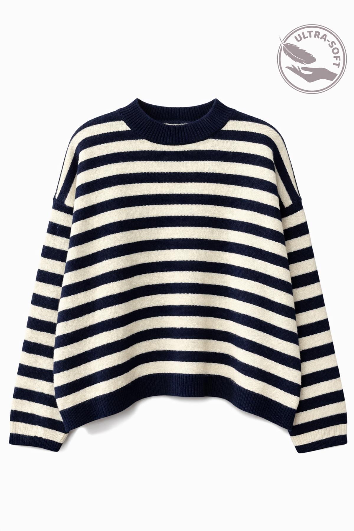 Mixray 7016 Kadın Çizgili Oversize Basic Triko Kazak Lacivert