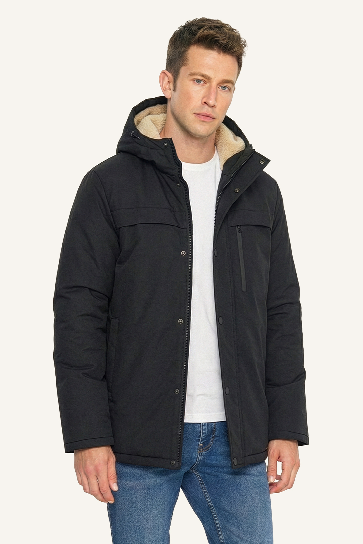 Erkek Kışlık Parka Sıcak Tutan Dolgu İçi Kürklü Su İtici Rüzgar Geçirmez Kapüşonlu Parka Mont — مشکی DP-160