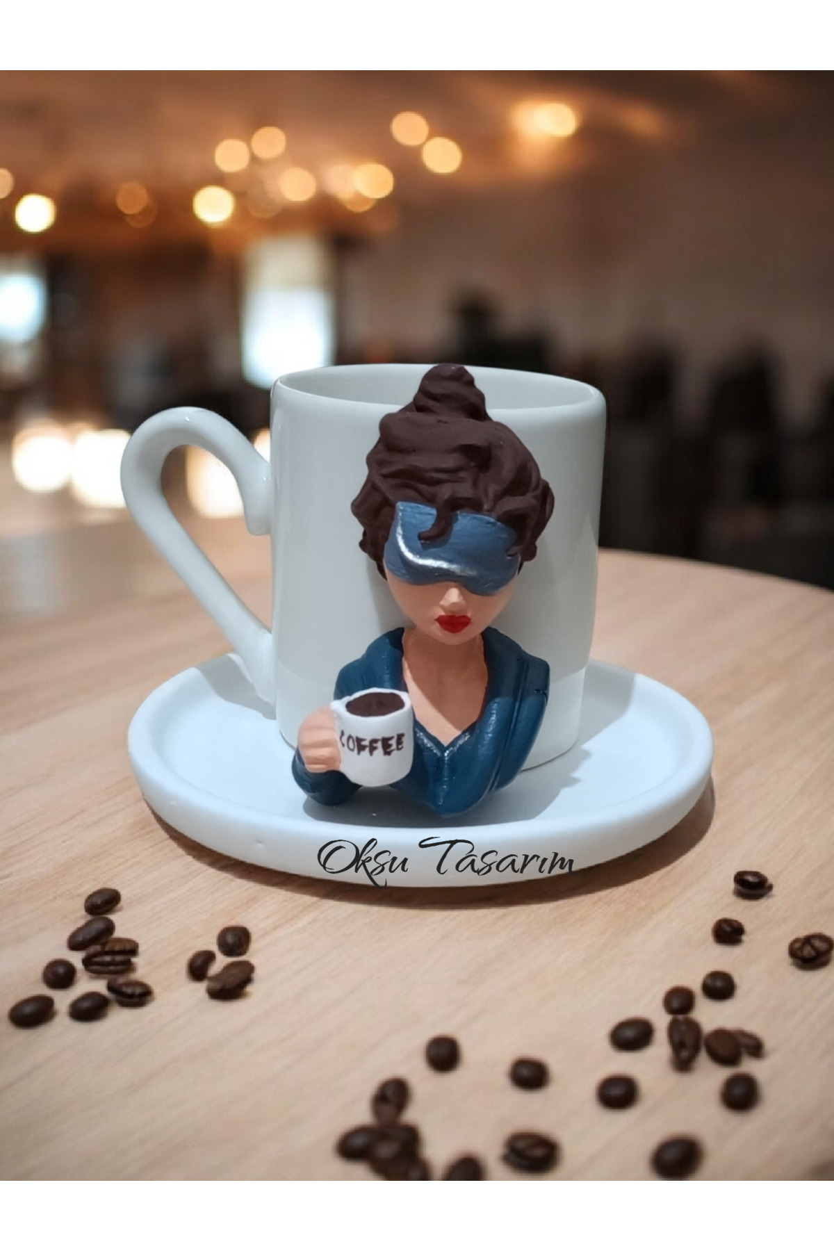 oksukokulutaş Turkish Coffee Cup with Girl in Blue Outfit