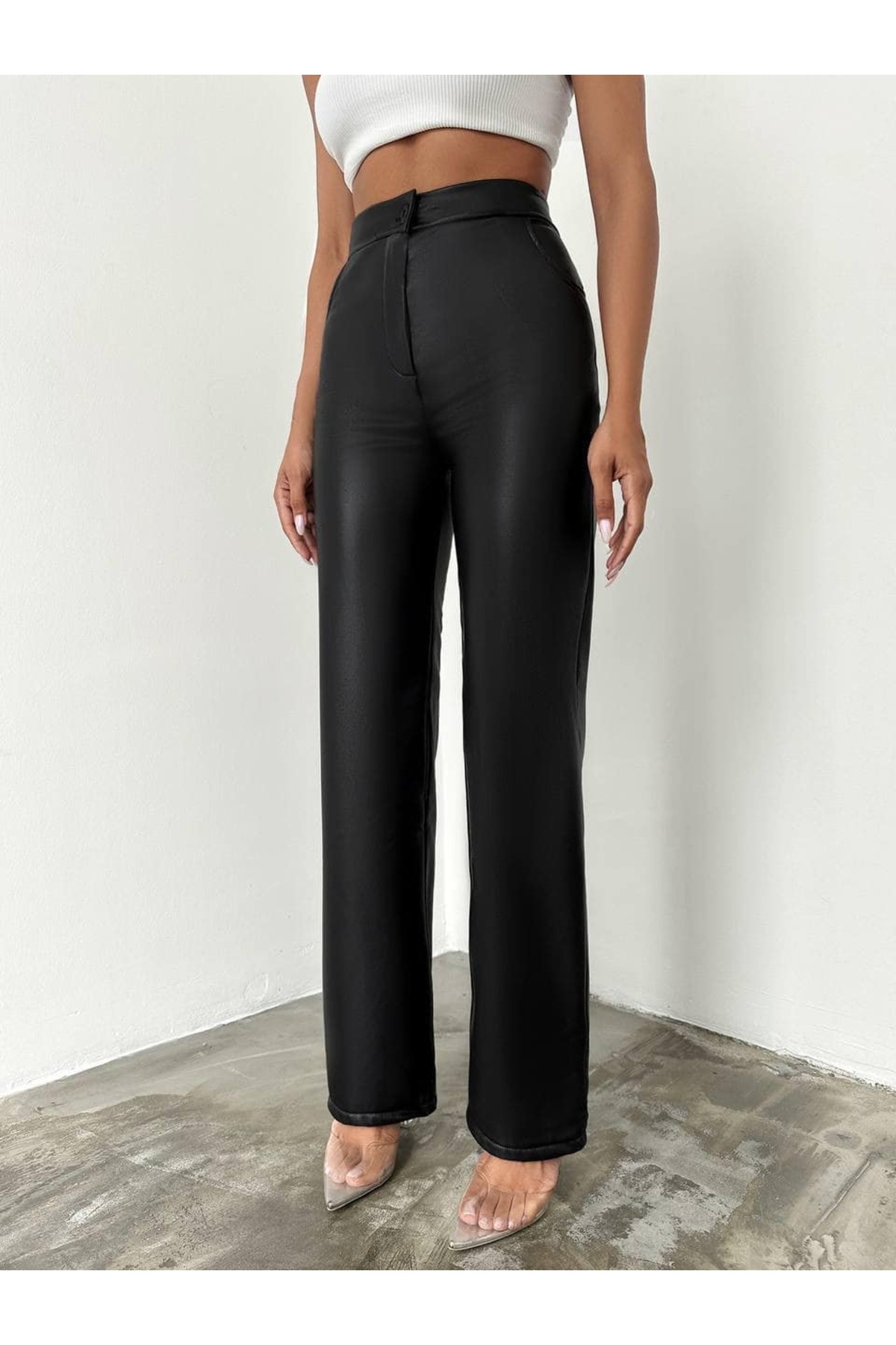 Lighter Jeans  Kadın Yüksek Bel Deri Pantolon Siyah - Görsel 3