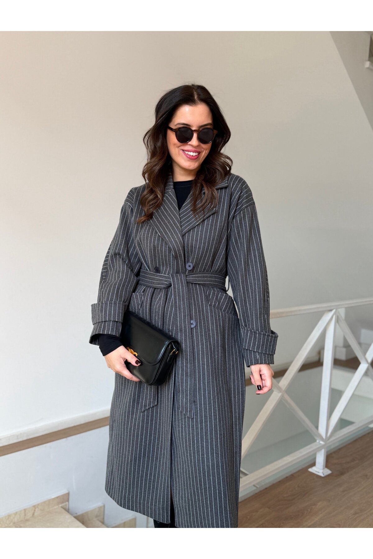 2she  Beli Kuşaklı Geniş Çizgili Kaban - Görsel 2