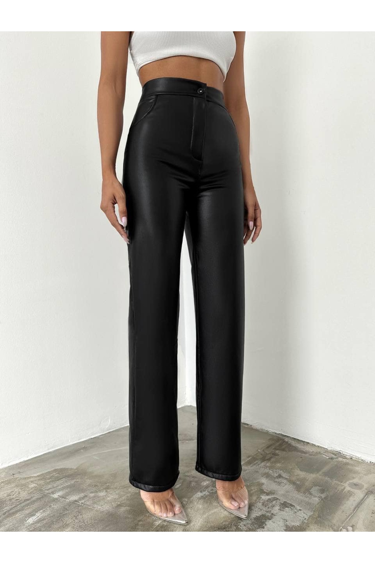 Lighter Jeans  Kadın Yüksek Bel Deri Pantolon Siyah - Görsel 4