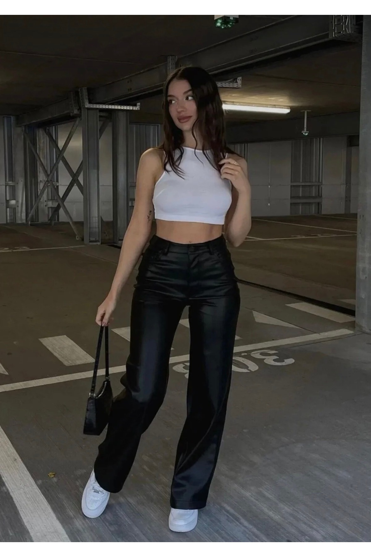 Lighter Jeans  Kadın Yüksek Bel Salaş Suni Deri Bol Paça Pantolon Siyah - Görsel 7