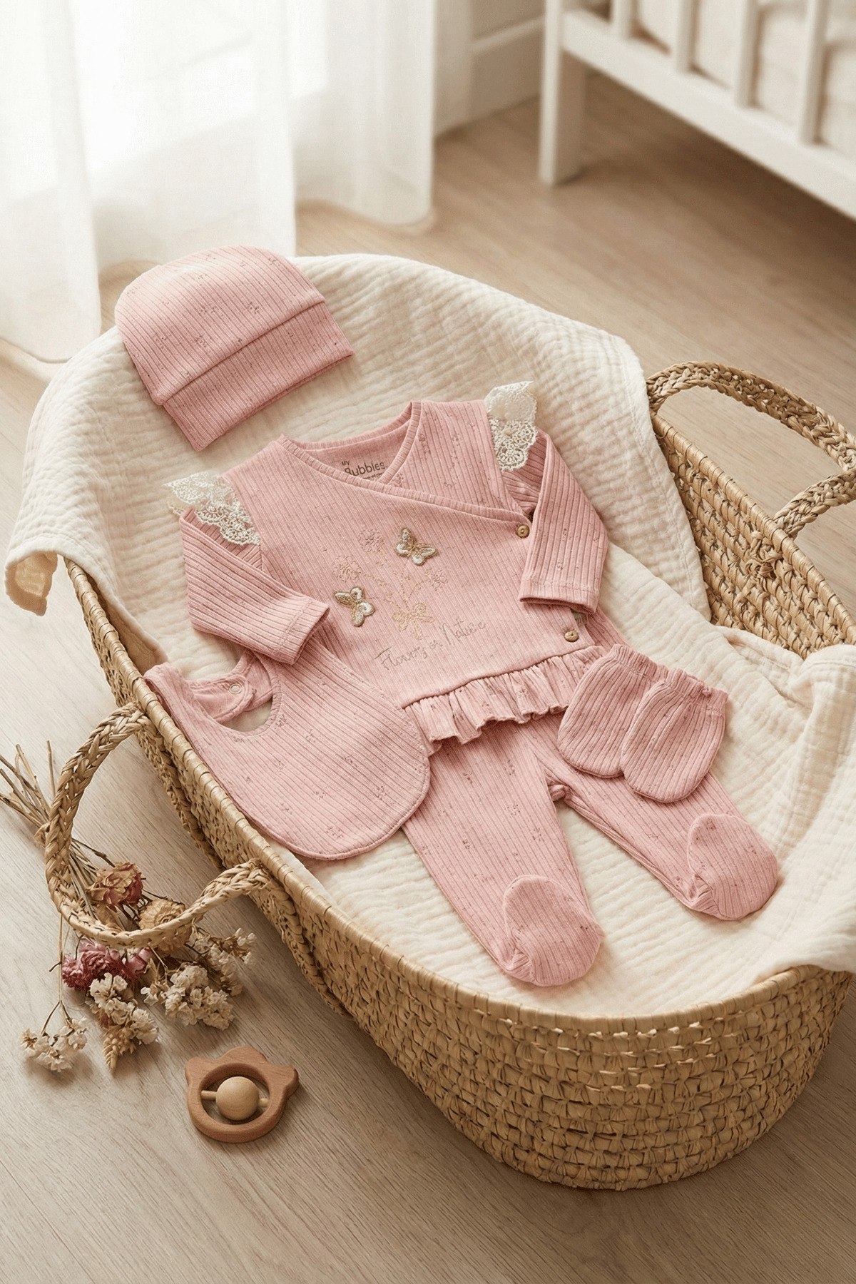 Bubbles Natural Desen Kız Bebek 5 parça Hastane Çıkış seti fotoğrafı 3 (önizleme)