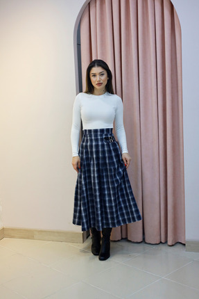 Elzem Boutique Yüksek Bel Kareli Midi Etek