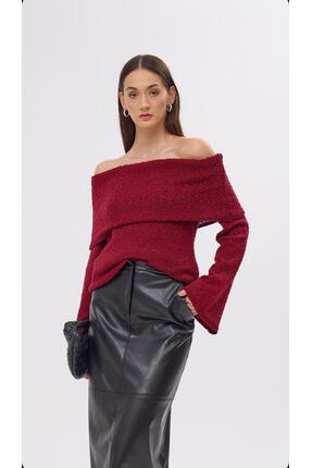 arslan triko Bordo Kayık Yaka Triko Bluz Kadın