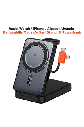Dexmon iPhone Watch Airpods Katlanır Magsafe ile Uyumlu Şarj Standı ve Powerb...