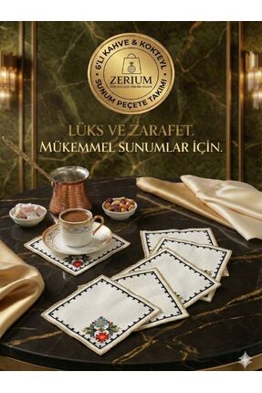 ZERİUM Premium 6’lı Kokteyl ve Kahve Altı Sunum Peçetesi Kanaviçe Serisi