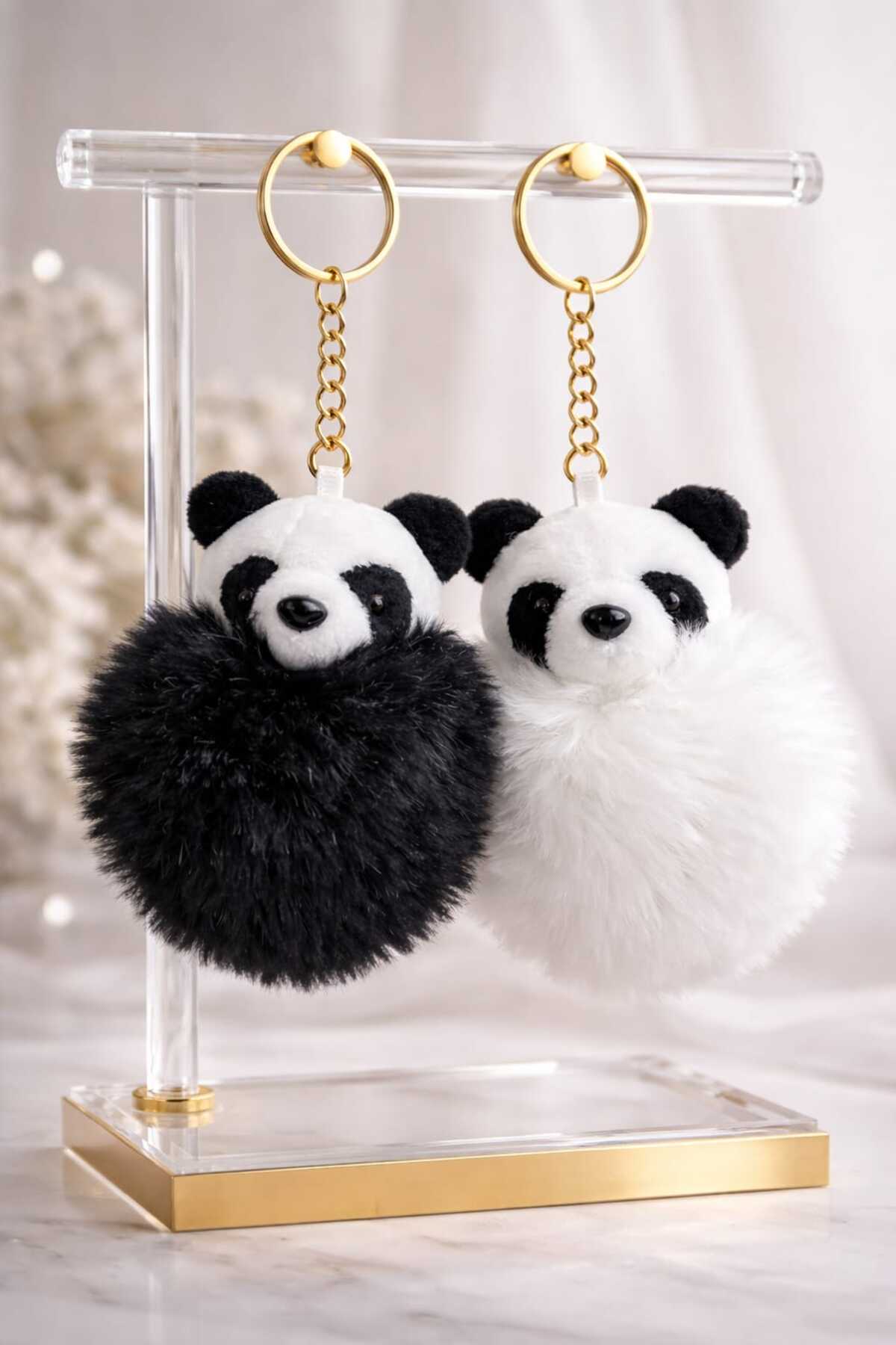 2nd Piece Panda Shaped Plush Pompom Keychain Set 2pcs Black White Bag Accessory Gift